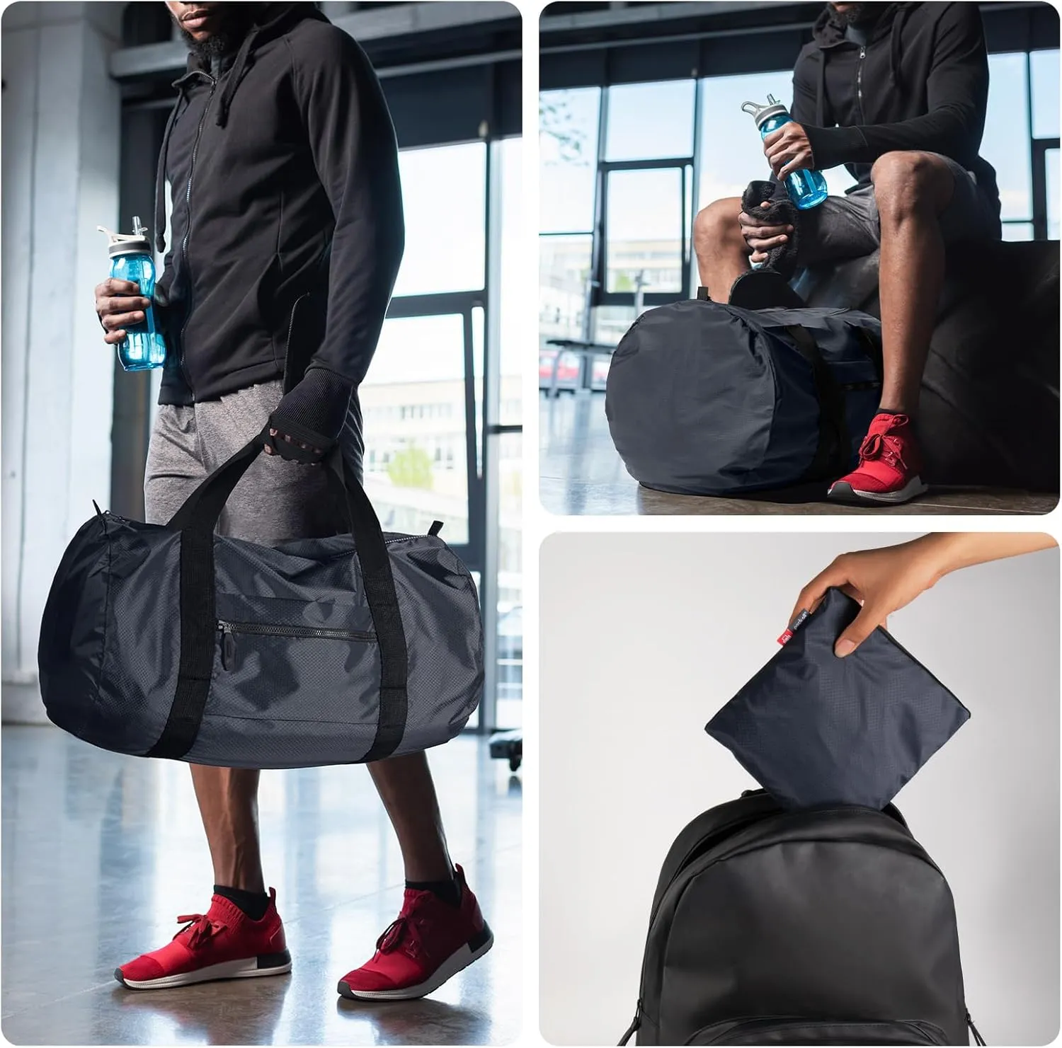 pack all 45L Foldable Duffel Bag, Water-Resistant Sports Gym Bag, Portable Weekender Bag Lightweight for Travel, Fitness and Camping (Navy Blue)
