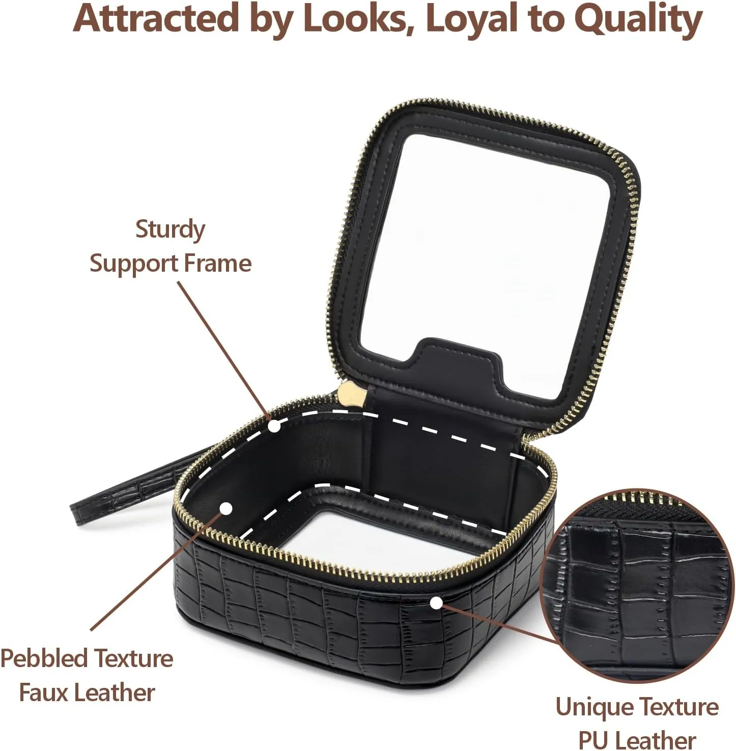 PACKISM Small Clear Makeup Bag - Crocodile Texture & Hard PU Leather Mini Makeup Bag for Purse, Cosmetic Bag Travel Bag Car Bag for Essentials for Women Gift Daily Use (Black Mini)