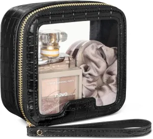 PACKISM Small Clear Makeup Bag - Crocodile Texture & Hard PU Leather Mini Makeup Bag for Purse, Cosmetic Bag Travel Bag Car Bag for Essentials for Women Gift Daily Use (Black Mini)