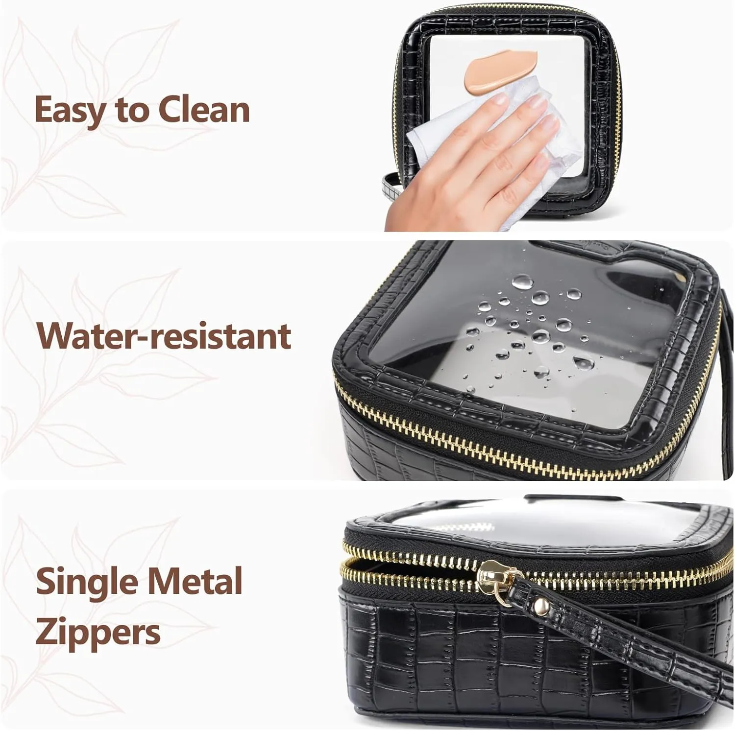 PACKISM Small Clear Makeup Bag - Crocodile Texture & Hard PU Leather Mini Makeup Bag for Purse, Cosmetic Bag Travel Bag Car Bag for Essentials for Women Gift Daily Use (Black Mini)