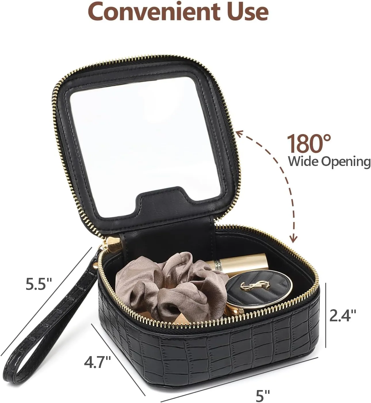 PACKISM Small Clear Makeup Bag - Crocodile Texture & Hard PU Leather Mini Makeup Bag for Purse, Cosmetic Bag Travel Bag Car Bag for Essentials for Women Gift Daily Use (Black Mini)