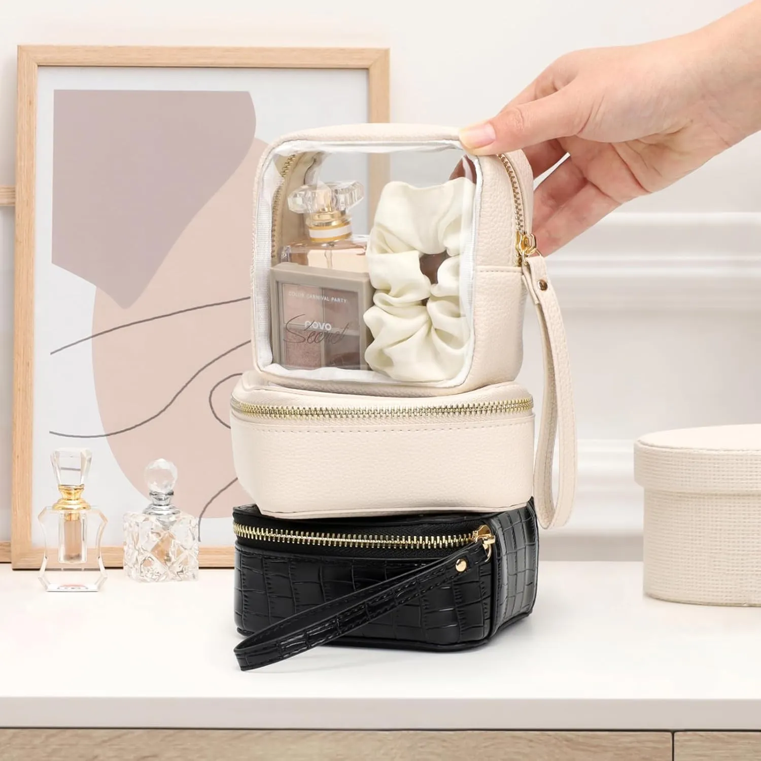 PACKISM Small Clear Makeup Bag - Pebbled Texture & Hard PU Leather Mini Makeup Bag for Purse, Cosmetic Travel Bag Car Bag for Essentials for Women Gift Daily Use (Cream Mini)