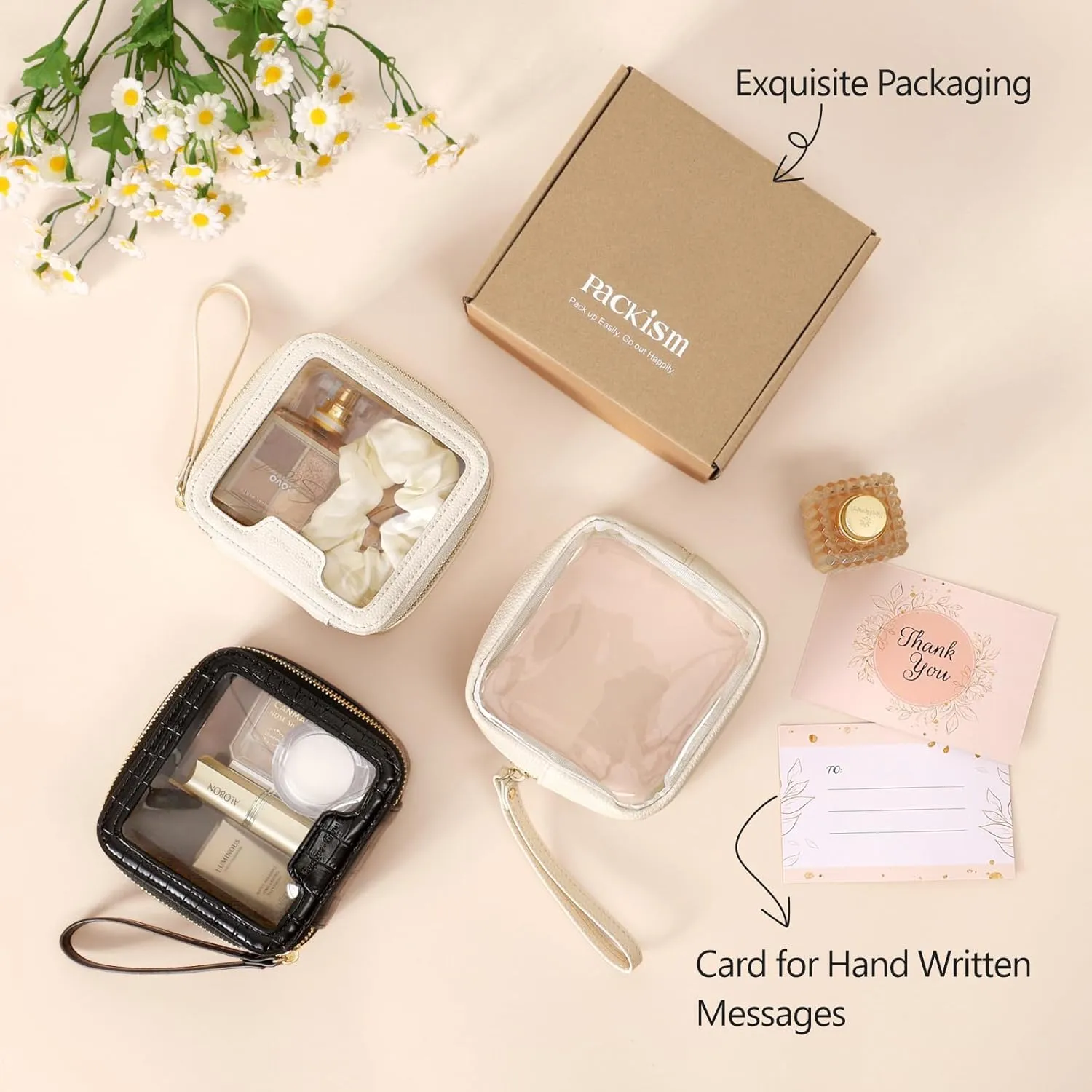 PACKISM Small Clear Makeup Bag - Pebbled Texture & Hard PU Leather Mini Makeup Bag for Purse, Cosmetic Travel Bag Car Bag for Essentials for Women Gift Daily Use (Cream Mini)