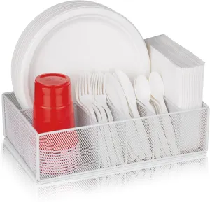 Paper Plate Organizer for Countertop, Metal Silverware Caddy for Cup, Fork, Spoon, Napkin, Paper Plate and Utensil Holder, Cutlery Caddy for Party, Camping, Picnic (White)