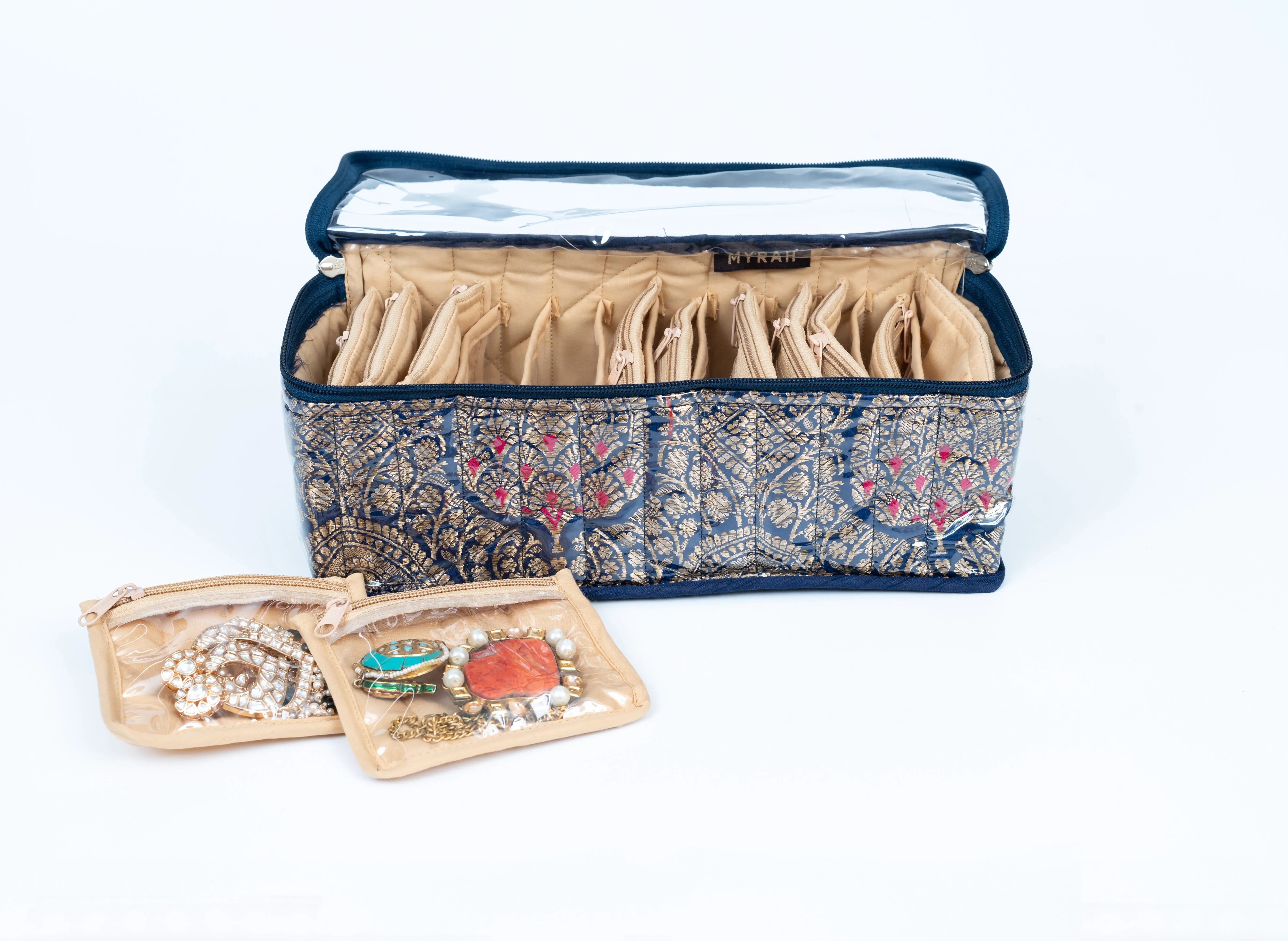 Partitioned jewellery organiser with pouches (Pink)
