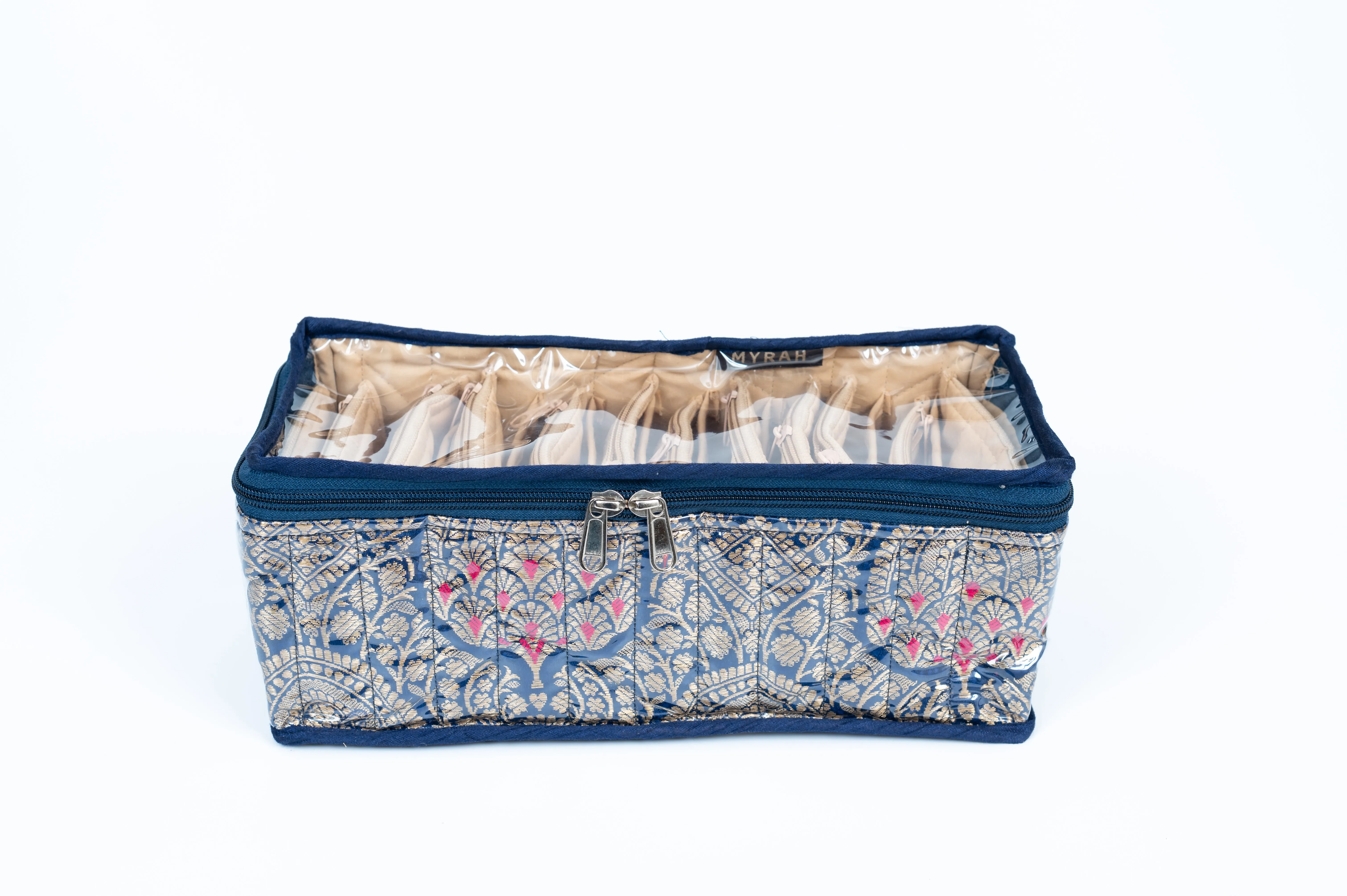 Partitioned jewellery organiser with pouches (Pink)