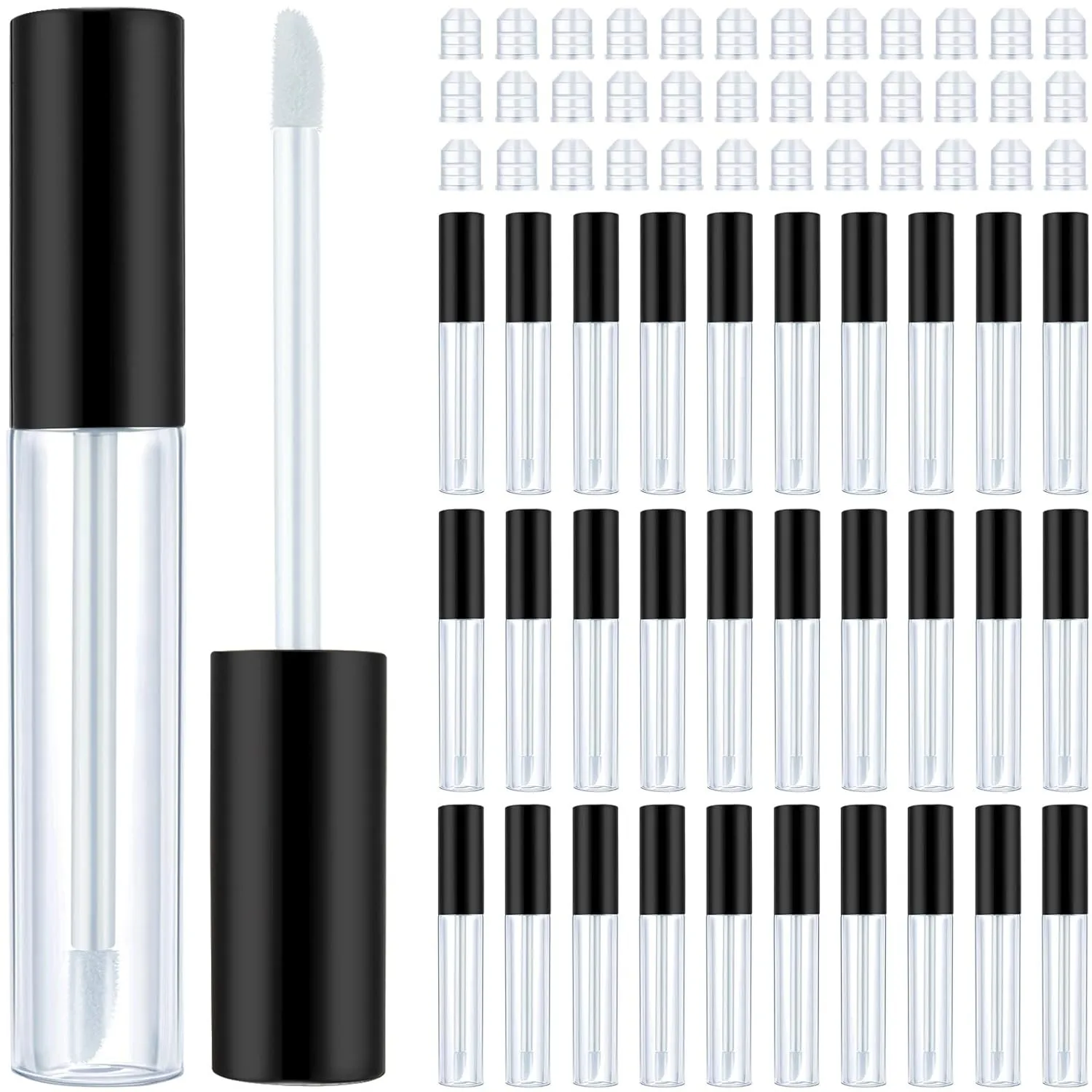 Patelai 50 Pack 10 ml Empty Lip Gloss Tube Containers Clear Refillable Lip Balm Bottles Plastic Lipstick Tubes with Rubber Inserts Cosmetic Tools for Travel, DIY Makeup, Personal Cosmetic(Black)