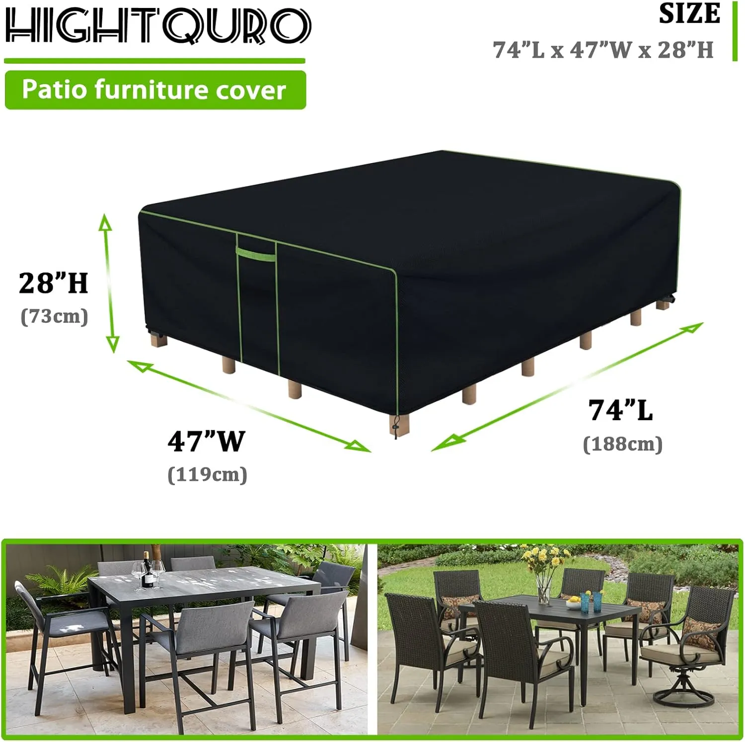 Patio Furniture Covers Waterproof, Heavy Duty 600D Outdoor Furniture Covers for Outdoor Dining Table and Chair,Tear Resistance and Anti-UV, 74"L x 47"W x 28"H, Black with Green Piping