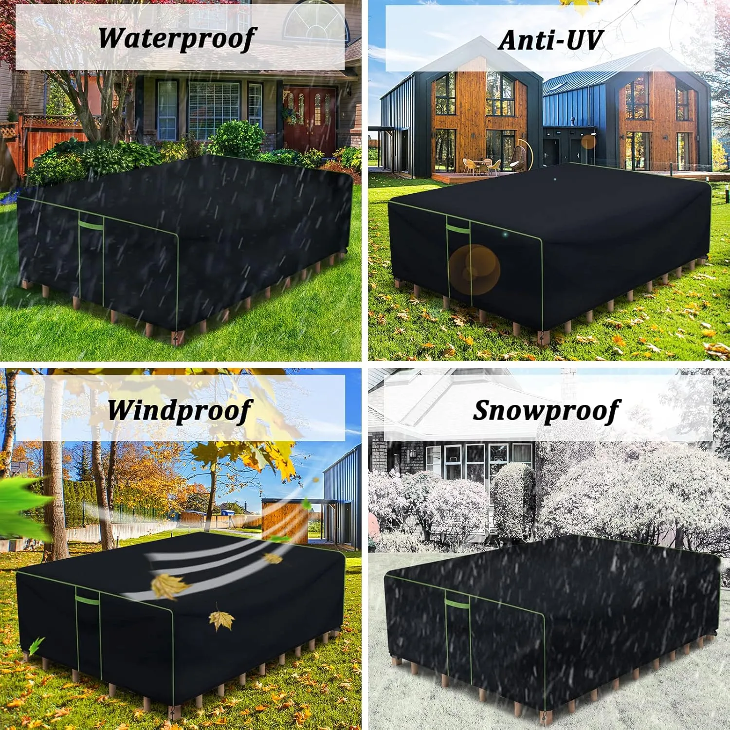 Patio Furniture Covers Waterproof, Heavy Duty 600D Outdoor Furniture Covers for Outdoor Dining Table and Chair,Tear Resistance and Anti-UV, 74"L x 47"W x 28"H, Black with Green Piping
