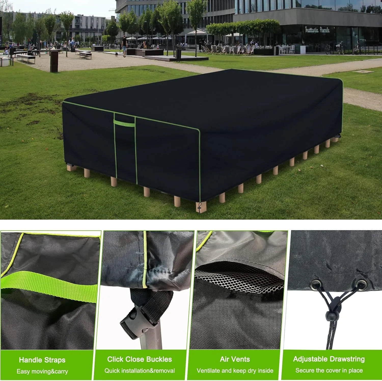 Patio Furniture Covers Waterproof, Heavy Duty 600D Outdoor Furniture Covers for Outdoor Dining Table and Chair,Tear Resistance and Anti-UV, 74"L x 47"W x 28"H, Black with Green Piping