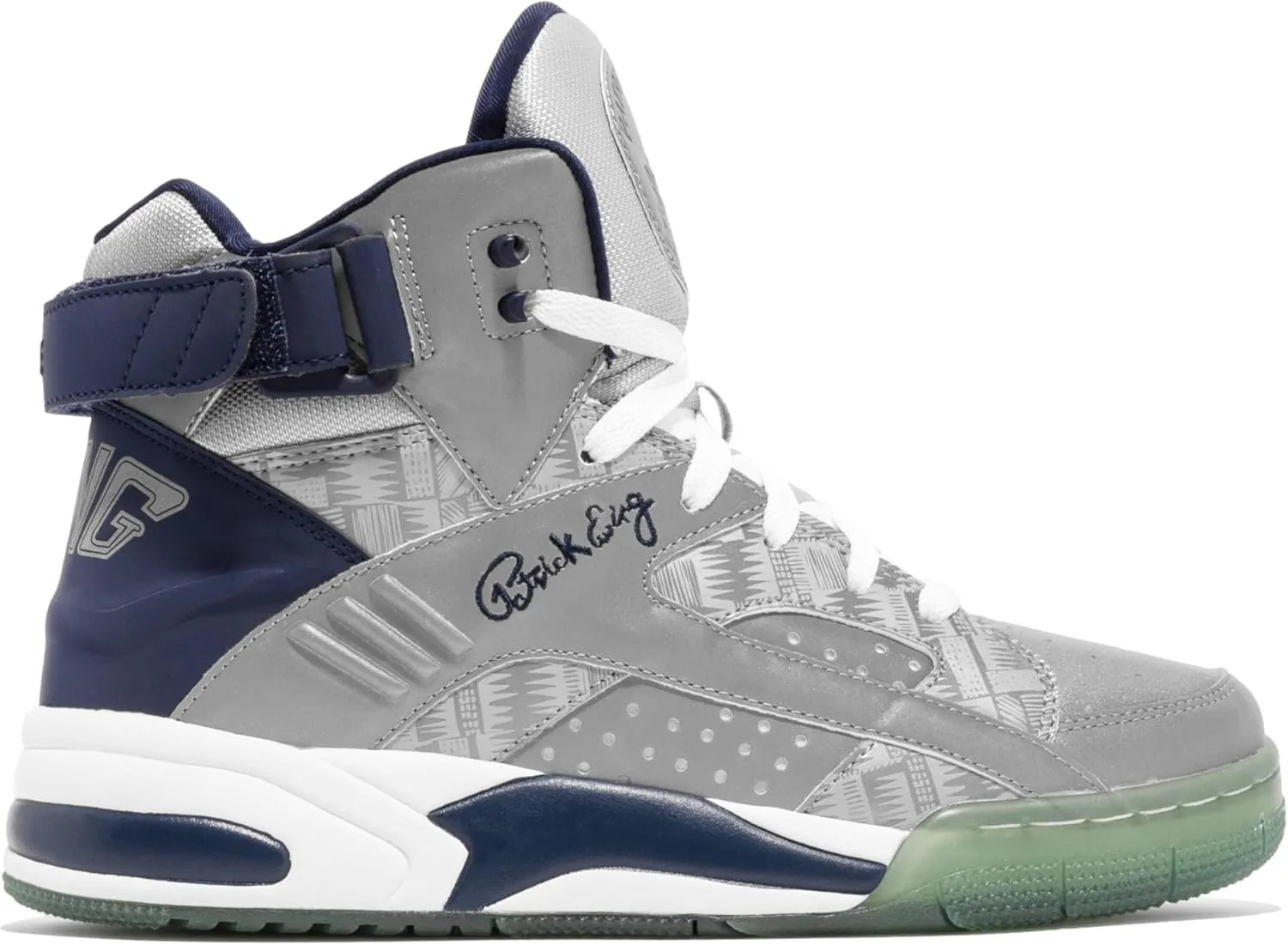 PATRICK EWING Athletics Eclipse Silver/Grey/Navy Shoes Reflective Upper, Removable Ankle Strap, EVA Midsole; Size 8.5