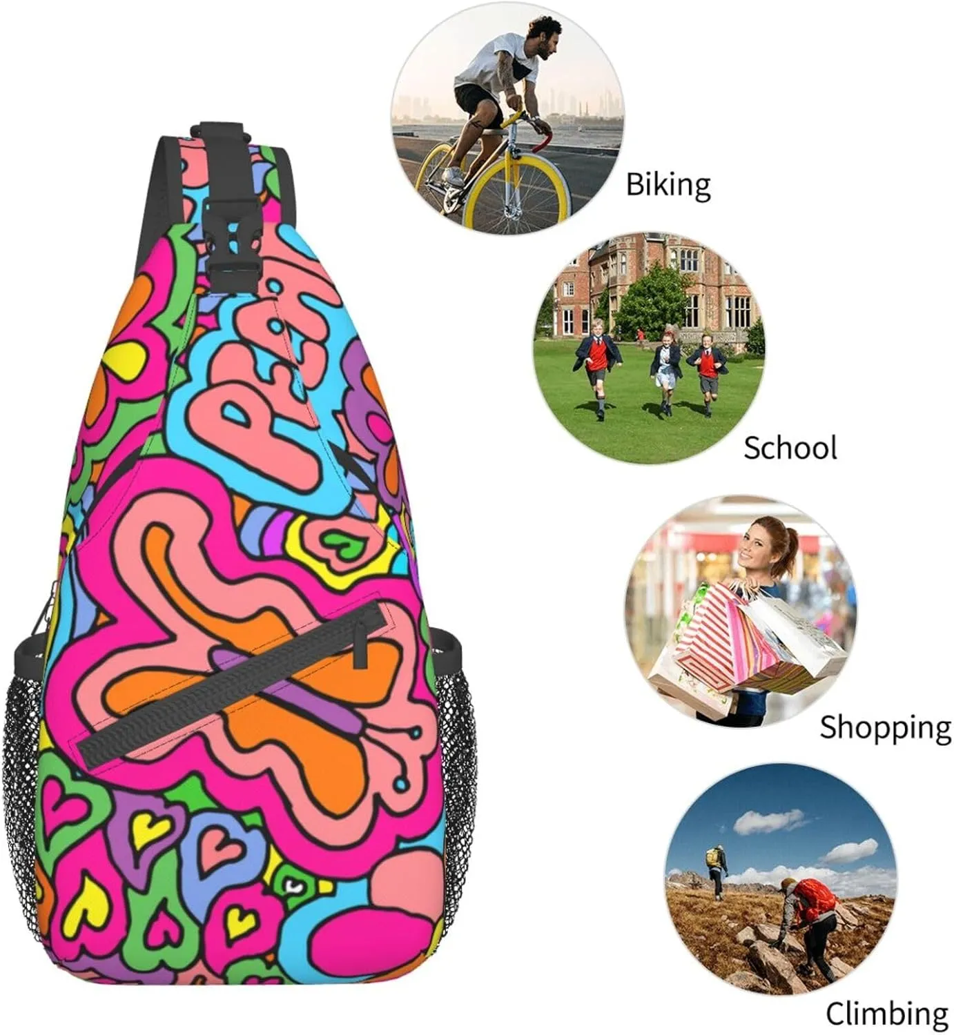 Peace Sign Psychedelics Trippy Sling Bag for Women Men Crossbody Backpack Cycling Hiking Daypack Chest Shoulder Bag with Adjustable Strap