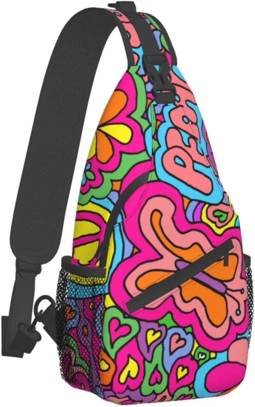 Peace Sign Psychedelics Trippy Sling Bag for Women Men Crossbody Backpack Cycling Hiking Daypack Chest Shoulder Bag with Adjustable Strap