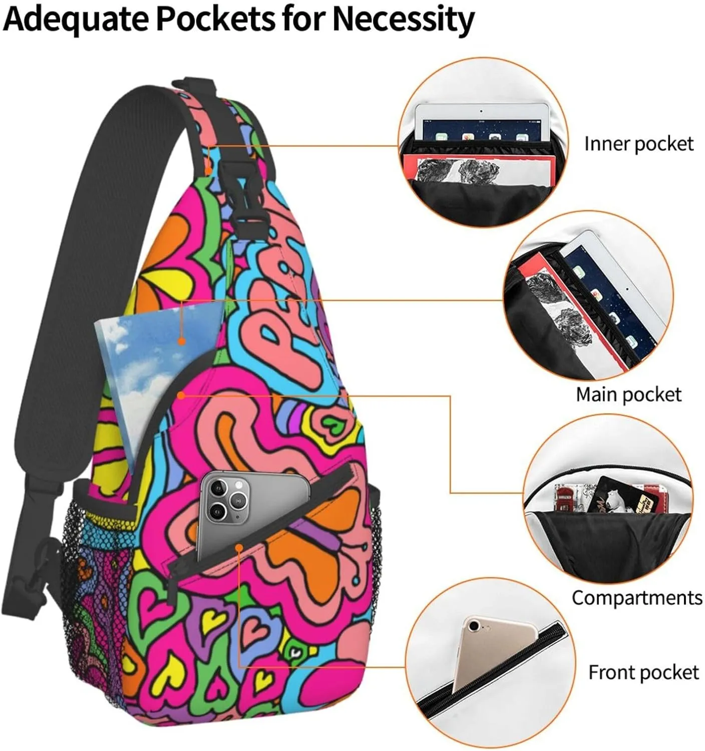 Peace Sign Psychedelics Trippy Sling Bag for Women Men Crossbody Backpack Cycling Hiking Daypack Chest Shoulder Bag with Adjustable Strap