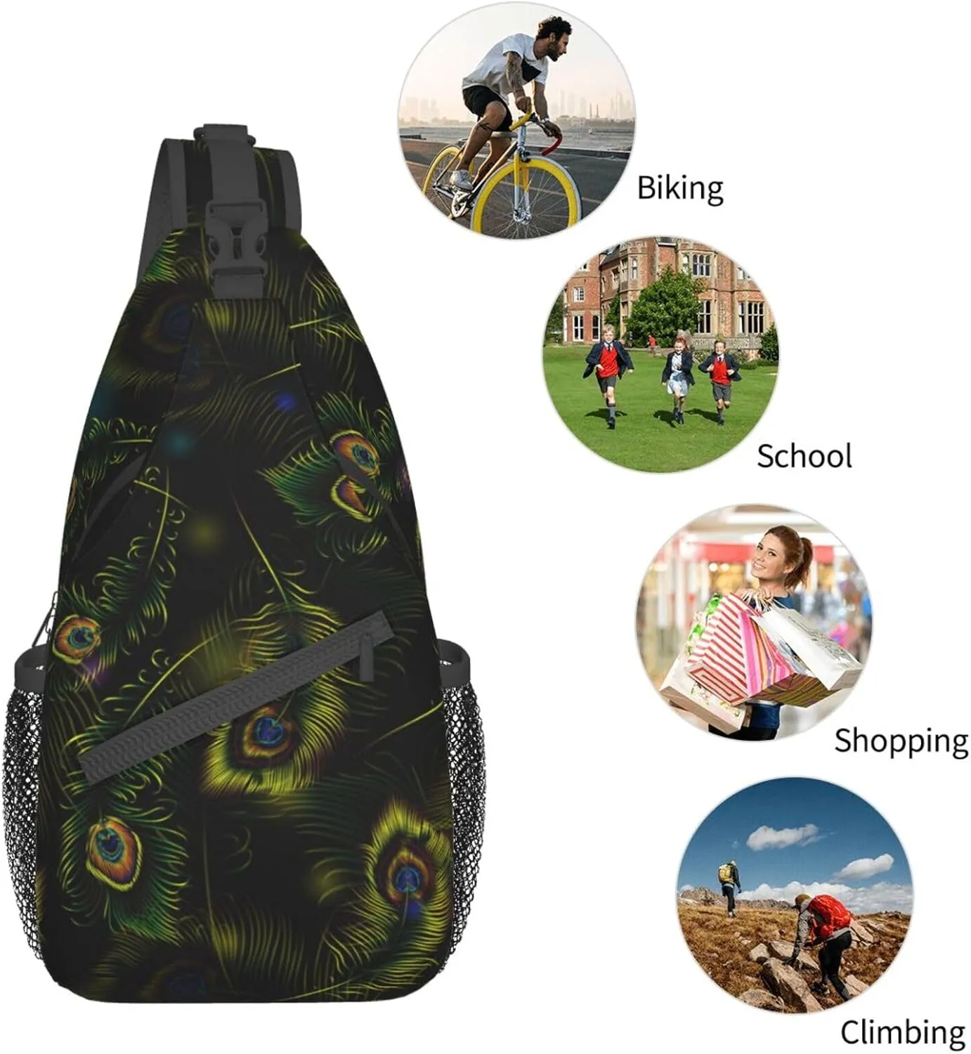 Peacock Shoulder Bag Cute Sling Backpack Daypack Casual Feather Hiking Bag Womens Backpack Bag Animal Bag