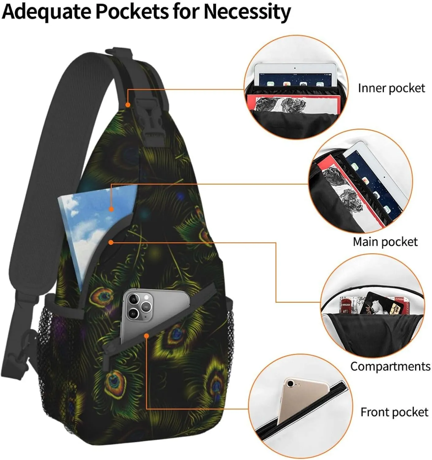 Peacock Shoulder Bag Cute Sling Backpack Daypack Casual Feather Hiking Bag Womens Backpack Bag Animal Bag