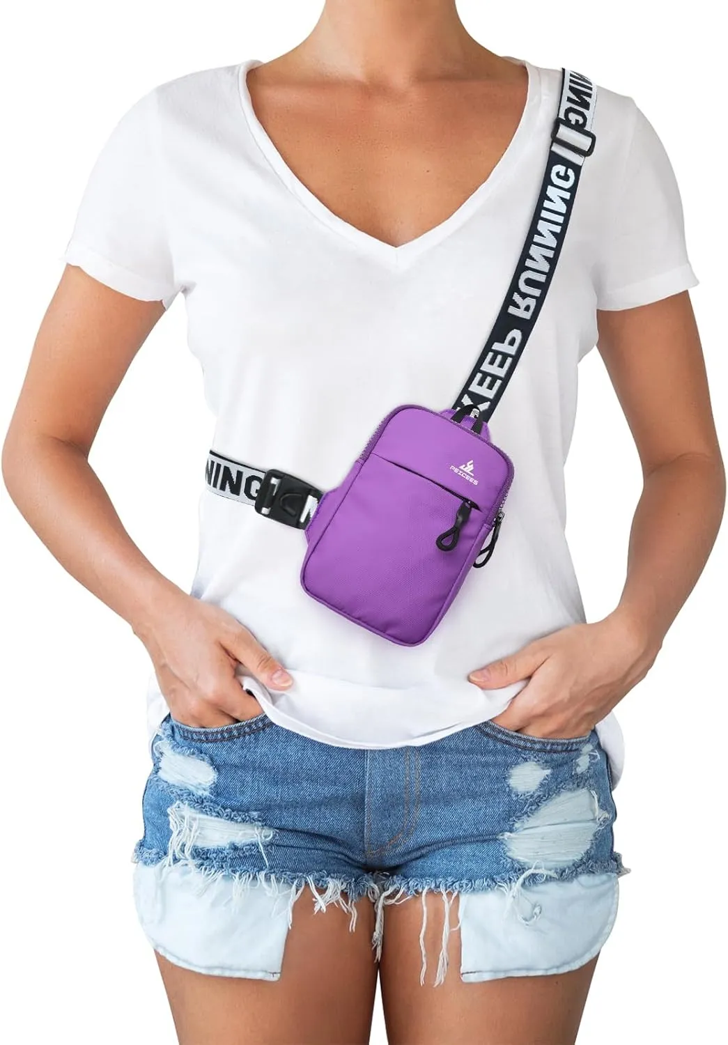 Peicees Mini Crossbody Sling Bag Chest Bag Dual Pocket Water Resistant Fanny Pack Running Phone Holder for Men Women Workout Travel, Purple