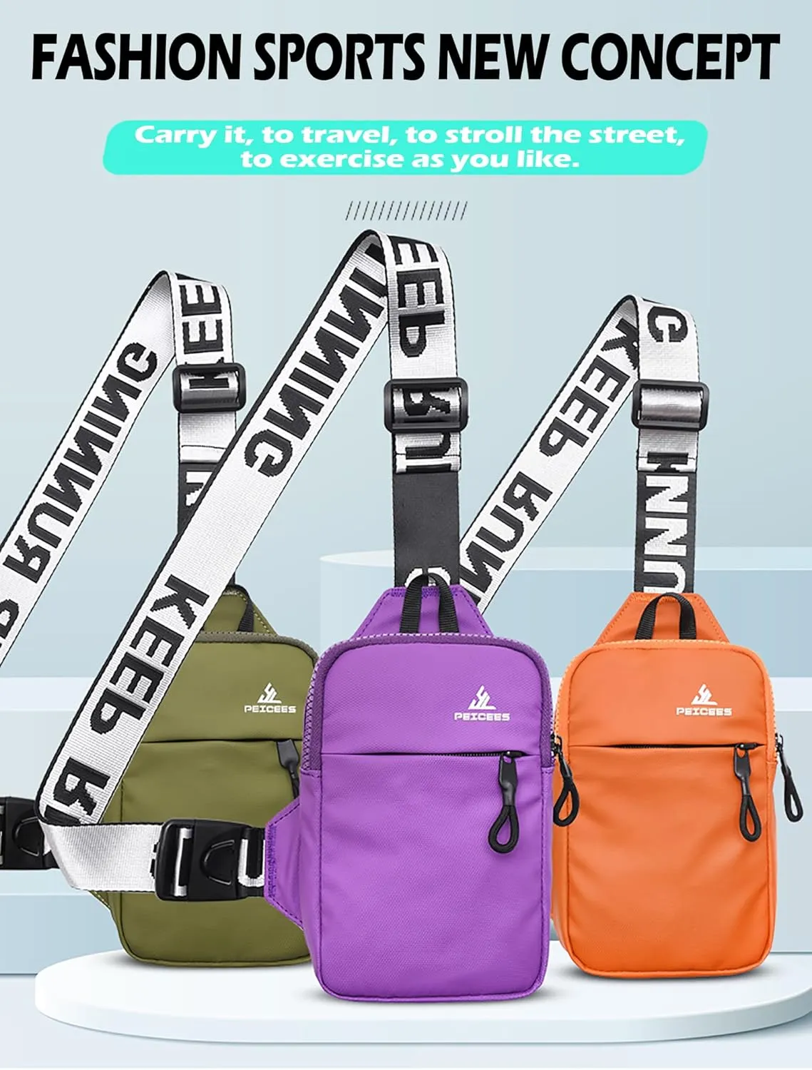 Peicees Mini Crossbody Sling Bag Chest Bag Dual Pocket Water Resistant Fanny Pack Running Phone Holder for Men Women Workout Travel, Purple