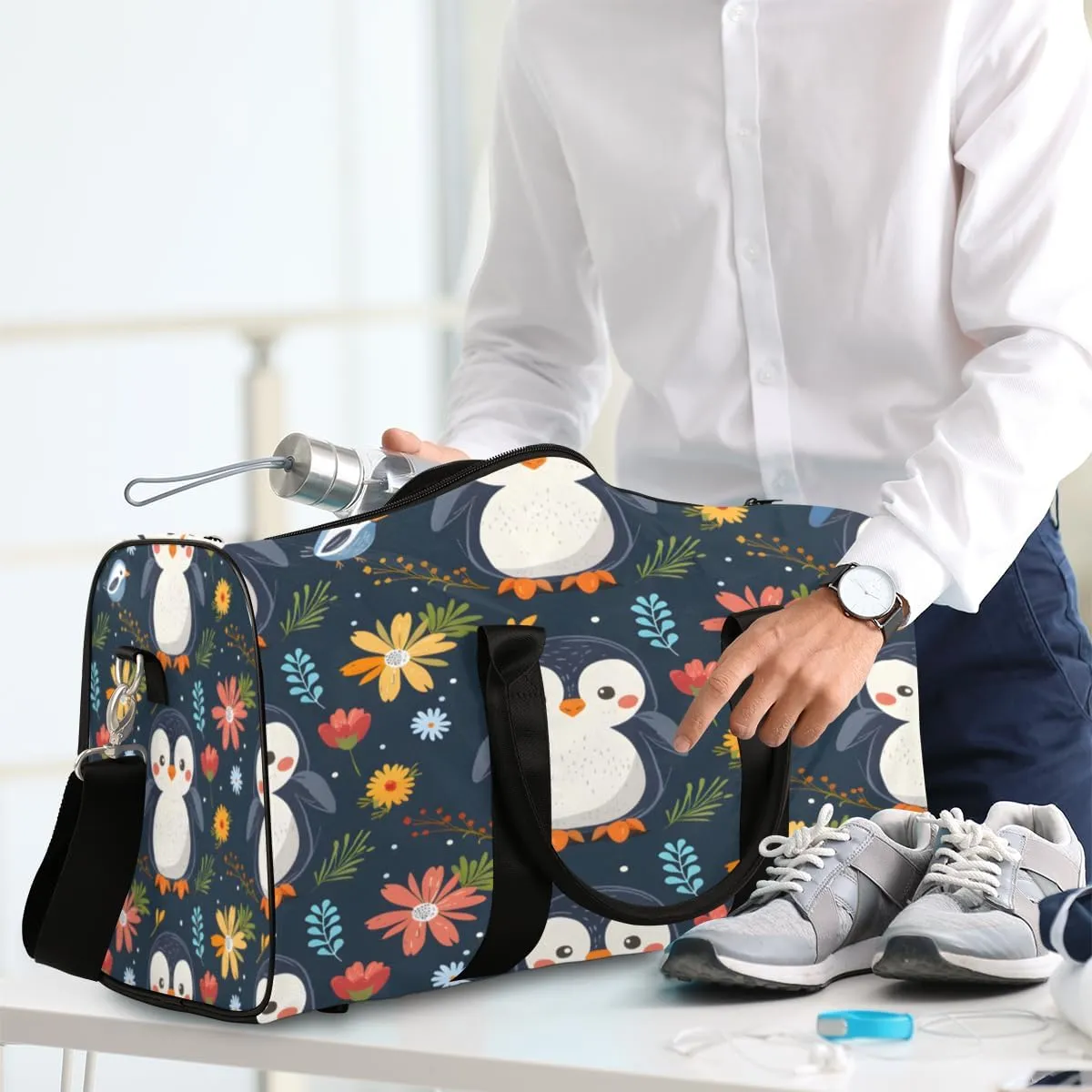 Penguin Travel Duffle Bag, Sports Gym Bags for Women Men, Carry On Weekender Overnight Bag, Cute Workout Hospital Airplane Trips Bag