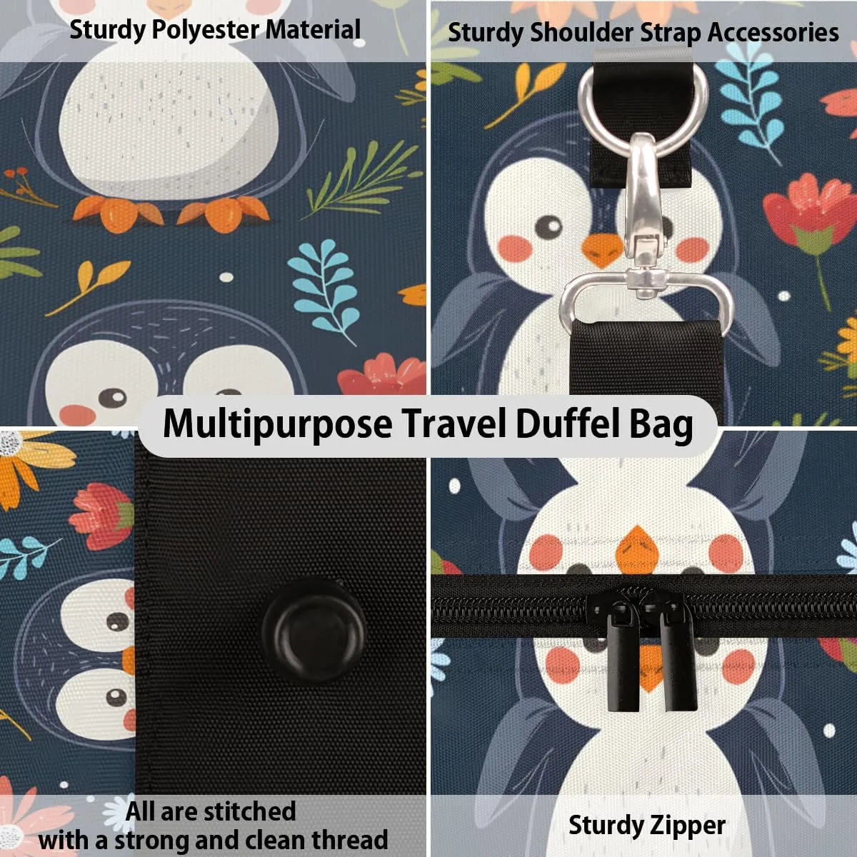 Penguin Travel Duffle Bag, Sports Gym Bags for Women Men, Carry On Weekender Overnight Bag, Cute Workout Hospital Airplane Trips Bag