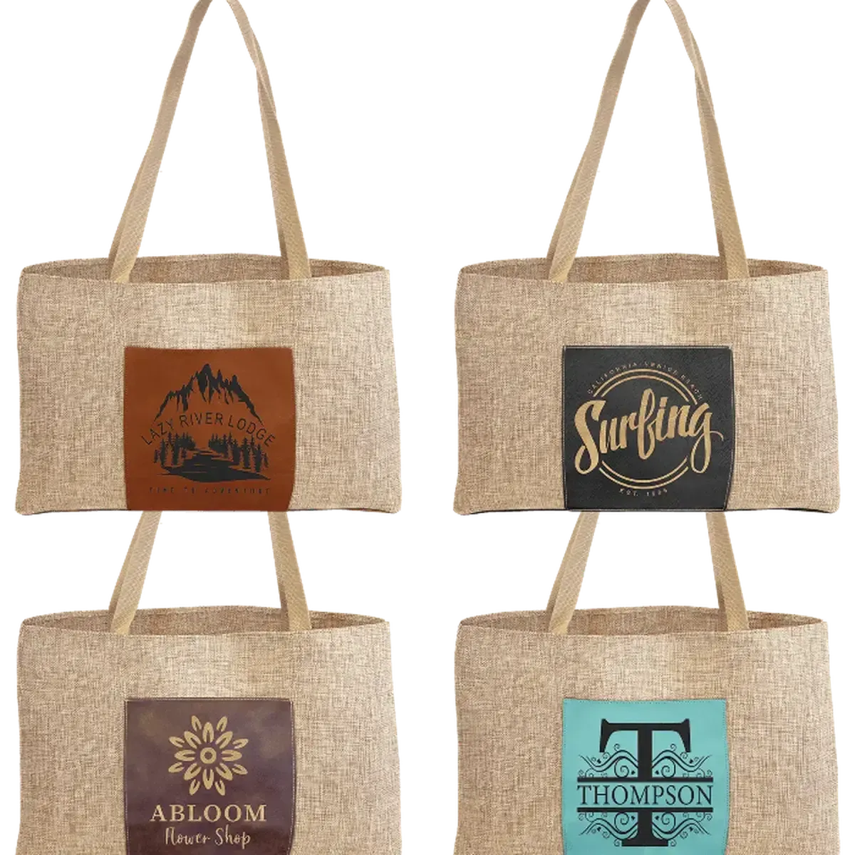 Personalized Burlap Carry Bag with 5" Gusset and Leatherette Color Trim