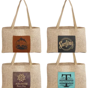 Personalized Burlap Carry Bag with 5" Gusset and Leatherette Color Trim