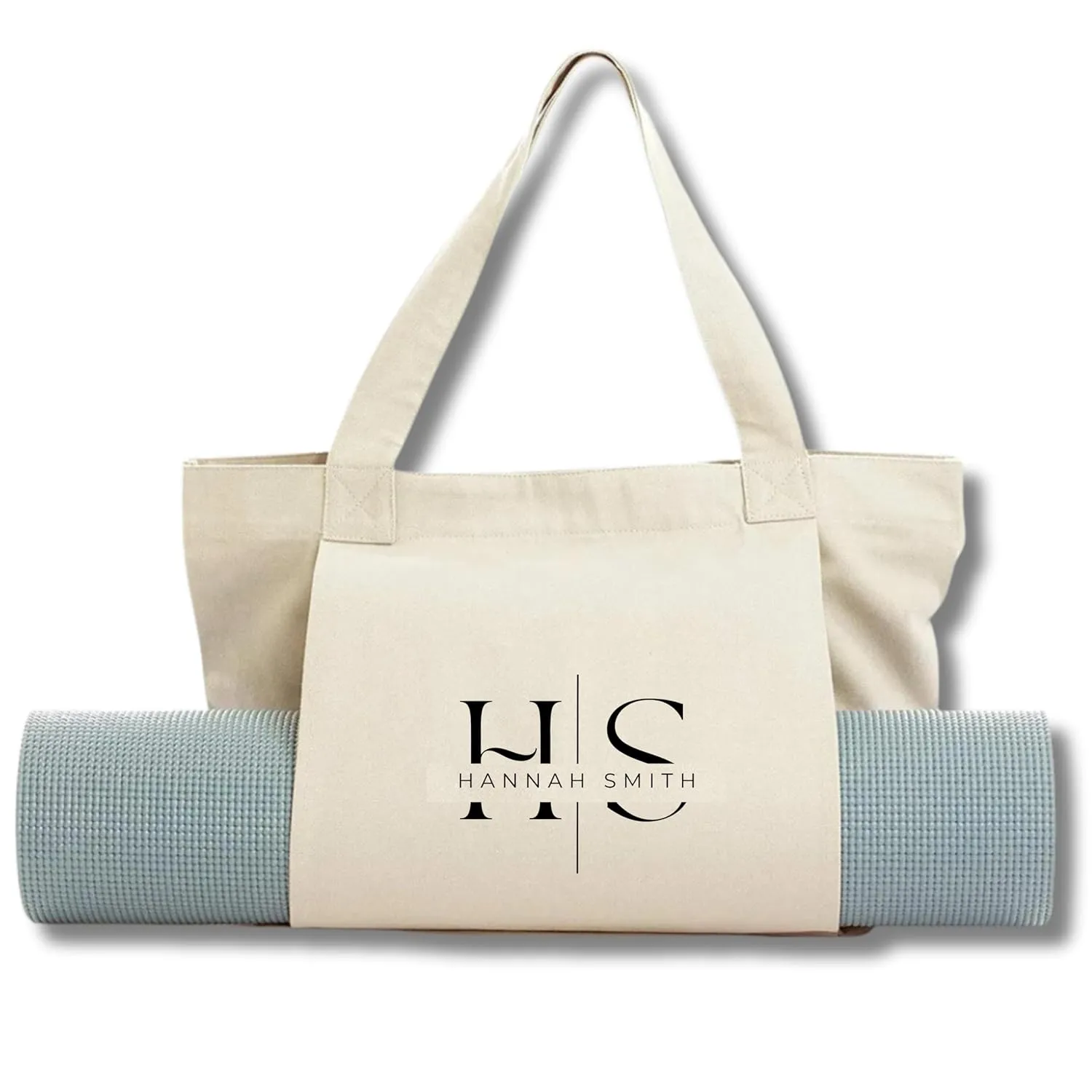 Personalized Canvas Tote Bag with Yoga Mat Carrier Pocket for Workout, Pilates, Travel, Beach and Gym