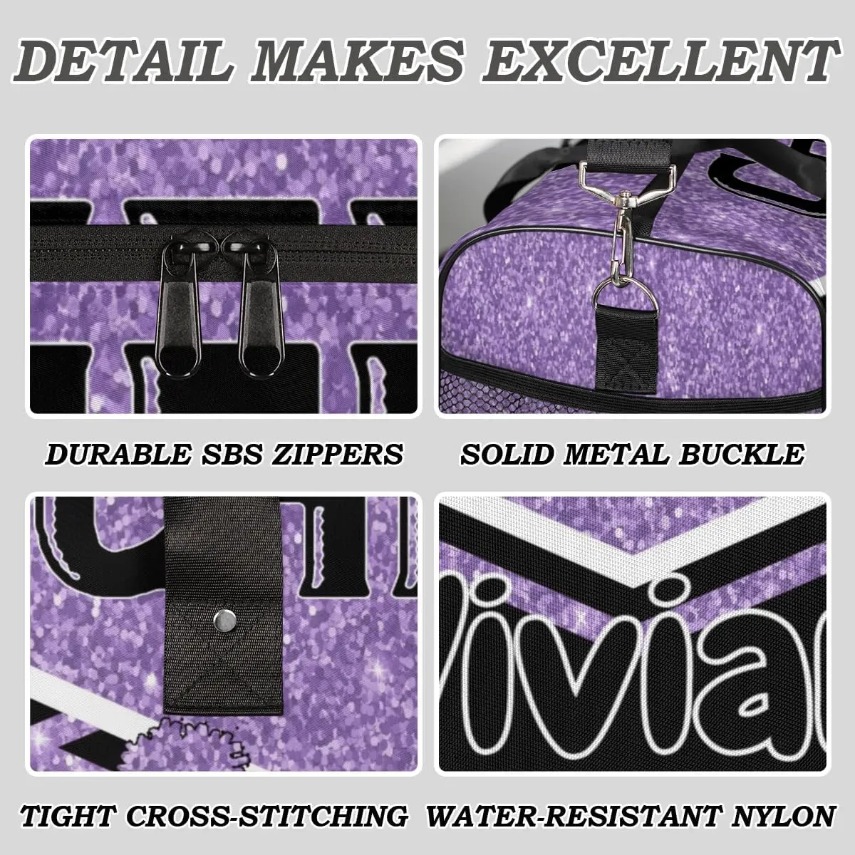 Personalized Cheer Bag for Cheerleader, Sport Duffel Bag with Name Customized Travel Overnight Weekender Bags, Light Purple Cheerleading