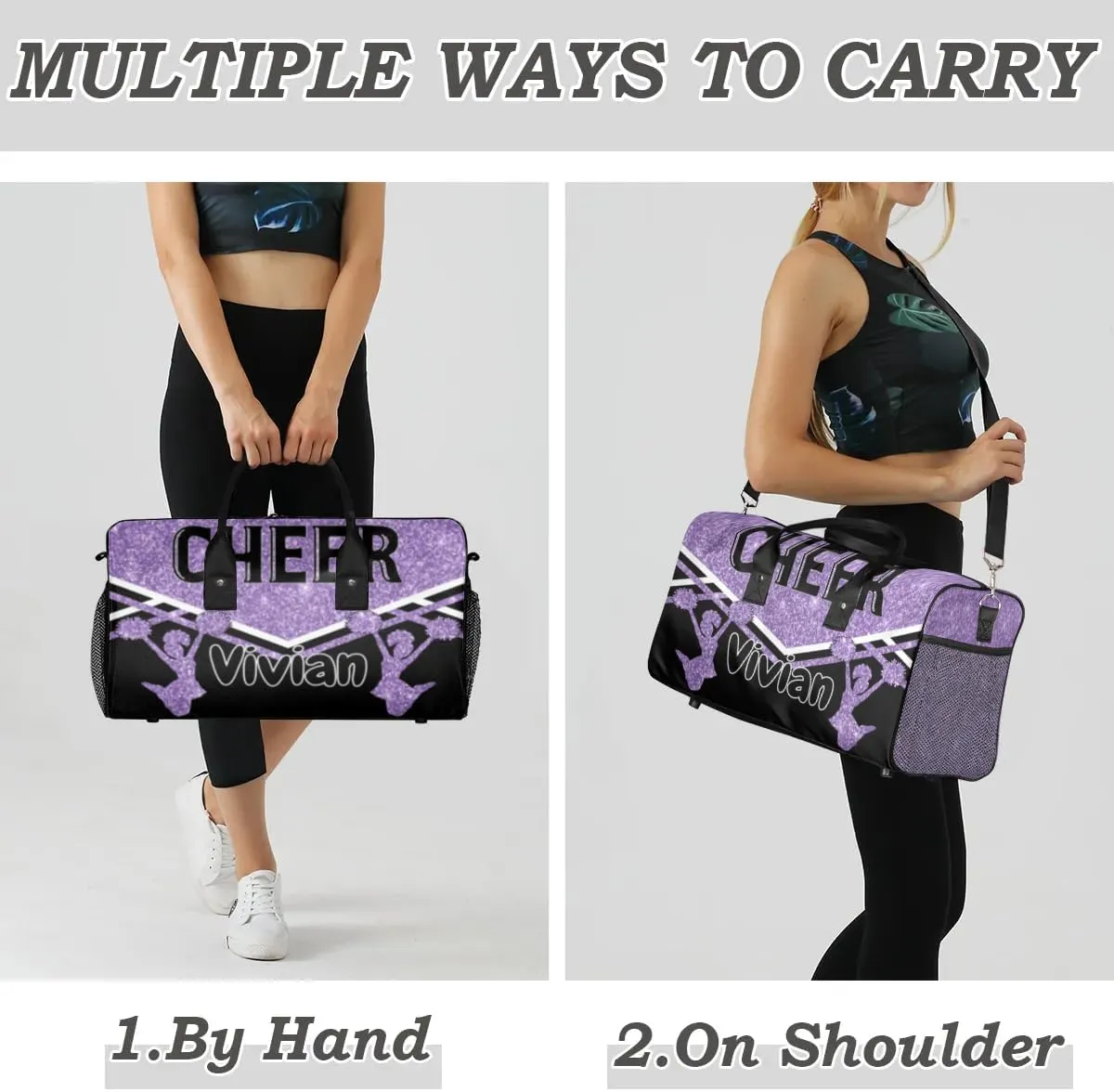 Personalized Cheer Bag for Cheerleader, Sport Duffel Bag with Name Customized Travel Overnight Weekender Bags, Light Purple Cheerleading