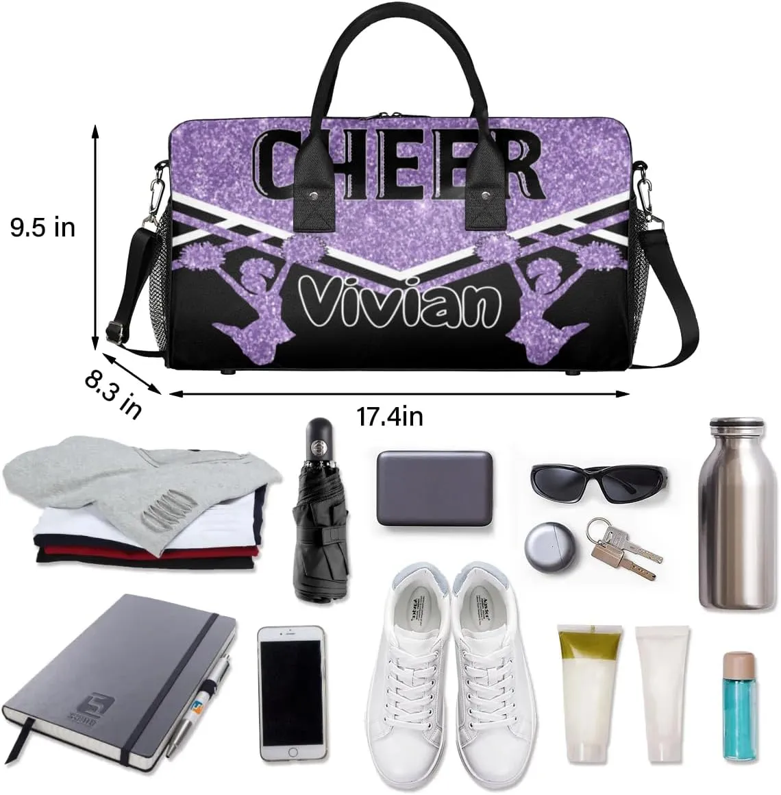 Personalized Cheer Bag for Cheerleader, Sport Duffel Bag with Name Customized Travel Overnight Weekender Bags, Light Purple Cheerleading