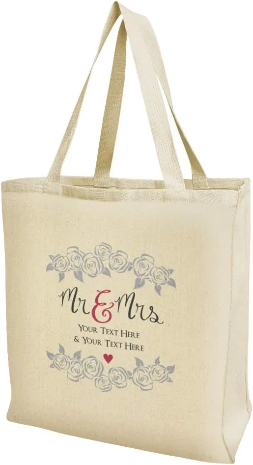 Personalized Custom 2 Lines Mr and Mrs Wedding Grocery Travel Reusable Tote Bag