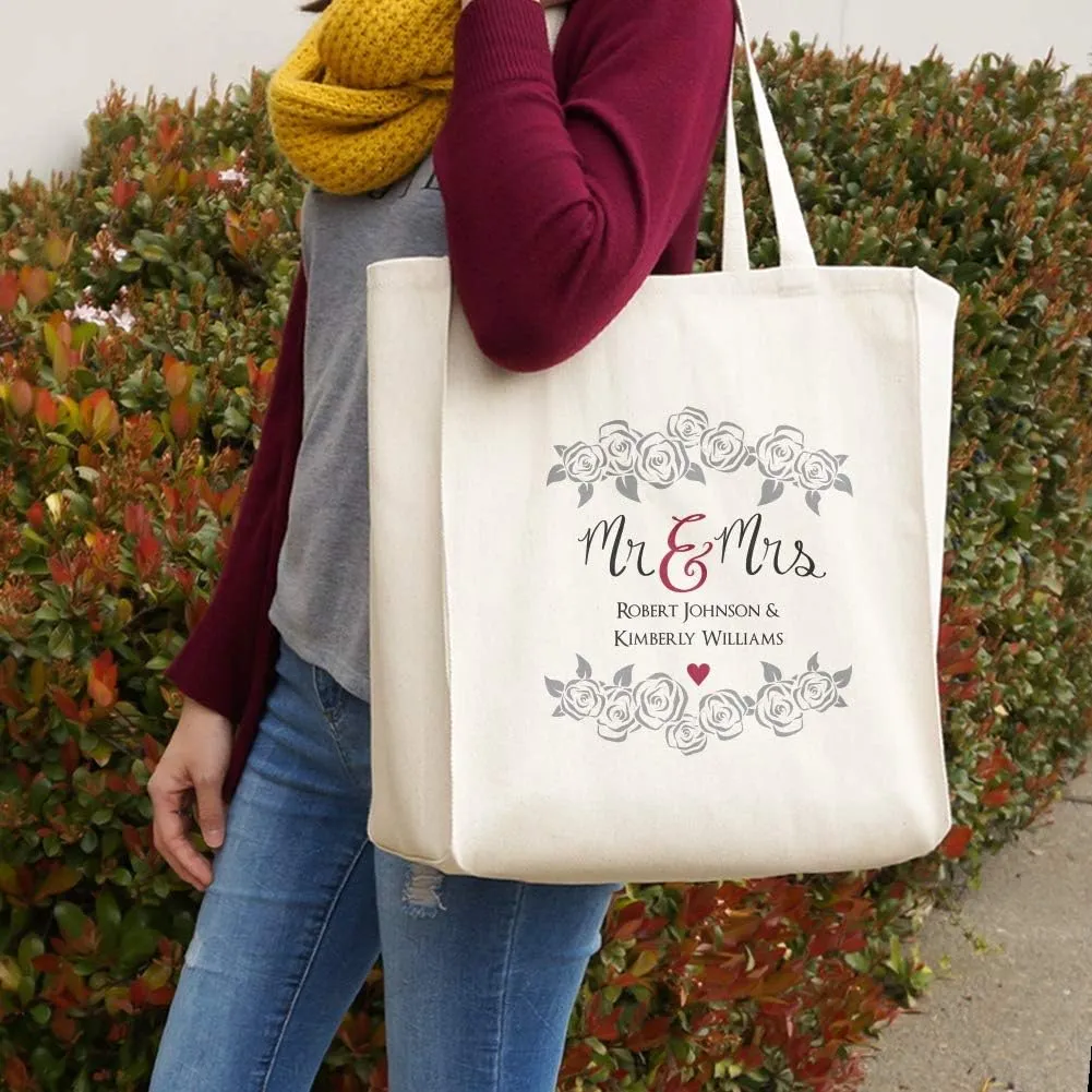 Personalized Custom 2 Lines Mr and Mrs Wedding Grocery Travel Reusable Tote Bag