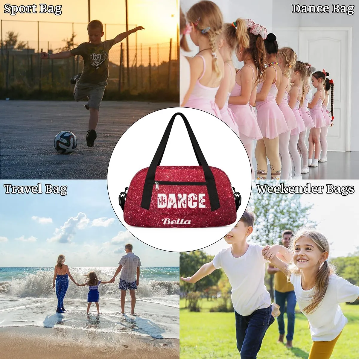 Personalized Custom Girls Dance Bag, Customized Gifts Sports Gym Bag Custom Name Kids Duffel Bags Overnight Weekender Sleepover Carry On Travel Tote Bag for Girls, Red Glitter Dance
