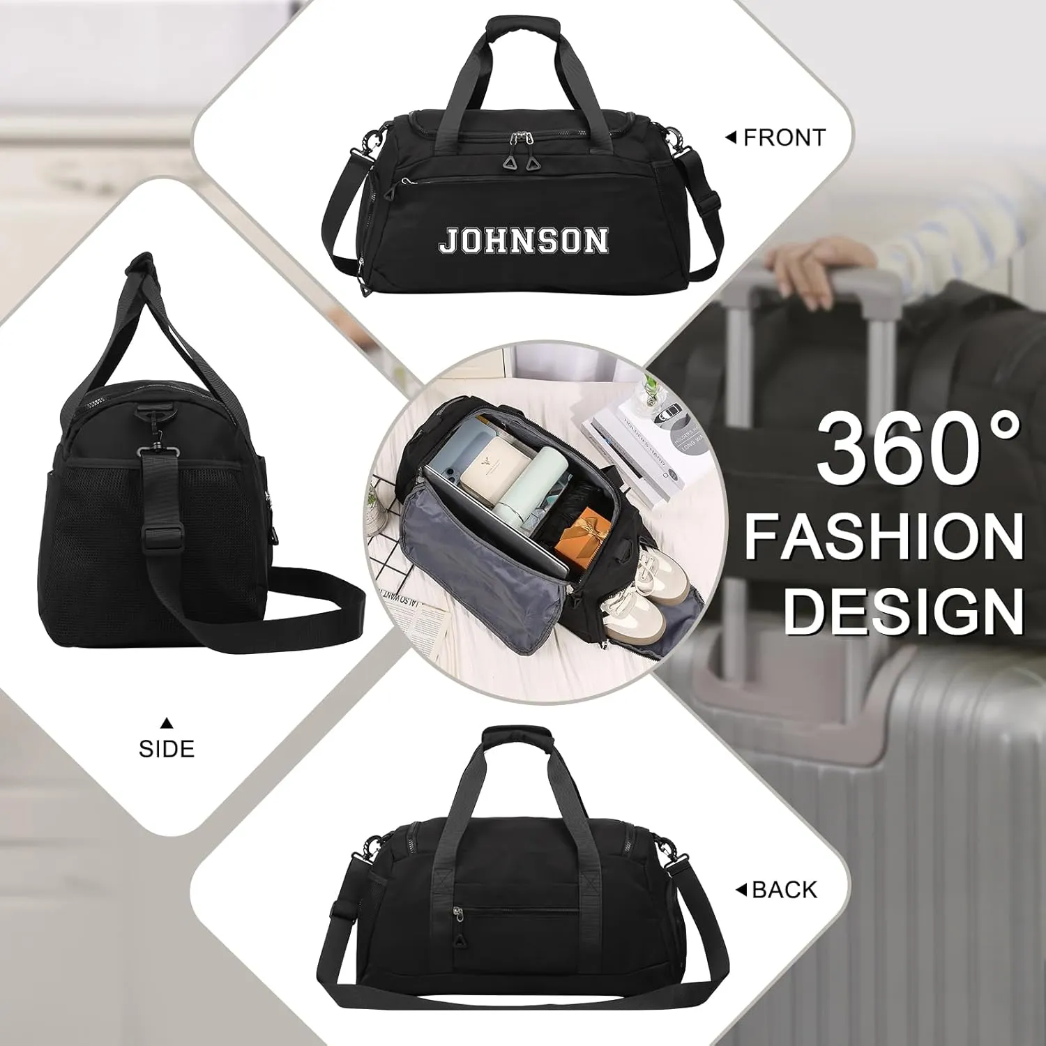 Personalized Duffel Bag with Name, Travel Duffel with Wet Pocket & Shoe Compartment, Sport Gym Bags for Women/Men, Overnight Bag for Traveling and Sports Enthusiasts (Style 2-Black)