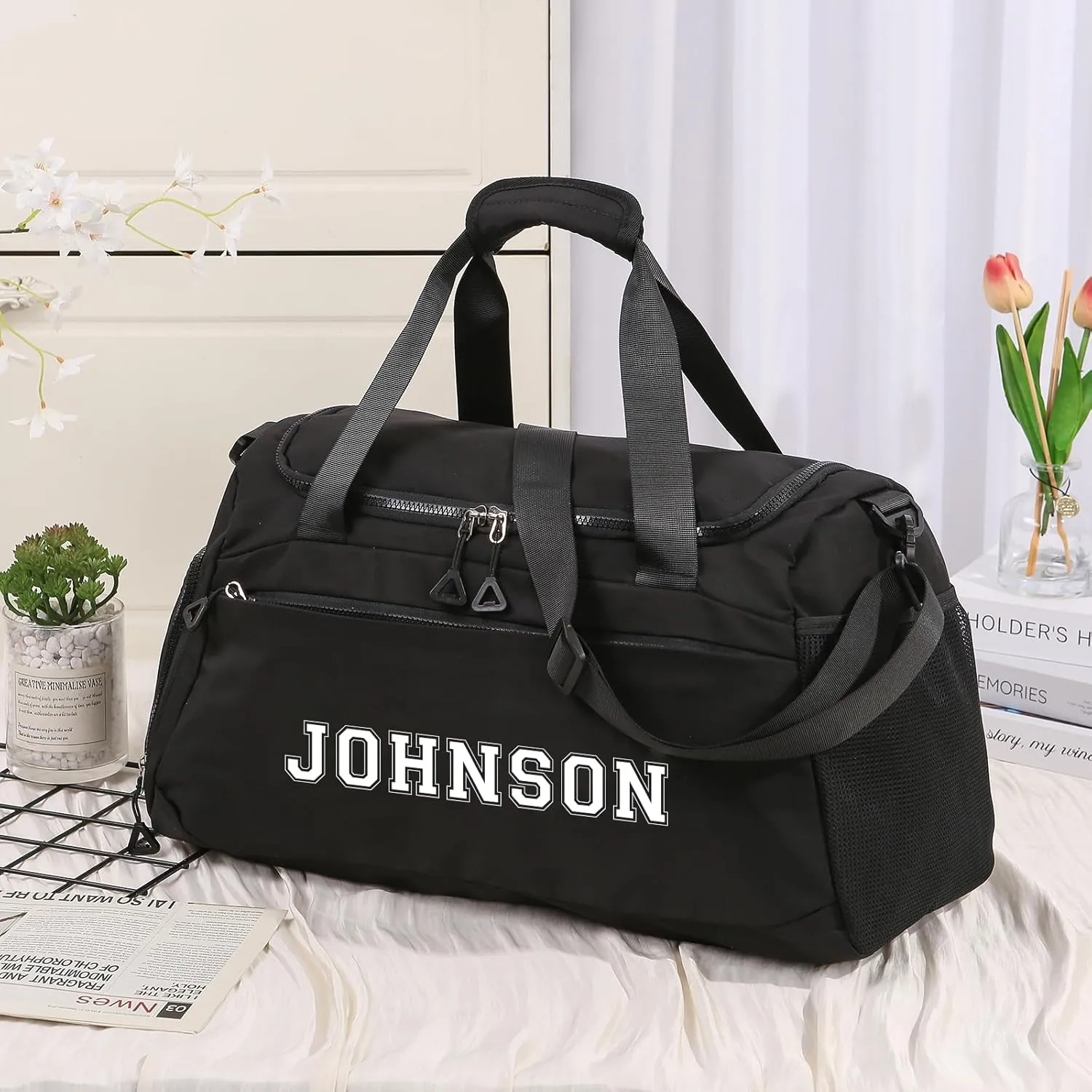 Personalized Duffel Bag with Name, Travel Duffel with Wet Pocket & Shoe Compartment, Sport Gym Bags for Women/Men, Overnight Bag for Traveling and Sports Enthusiasts (Style 2-Black)