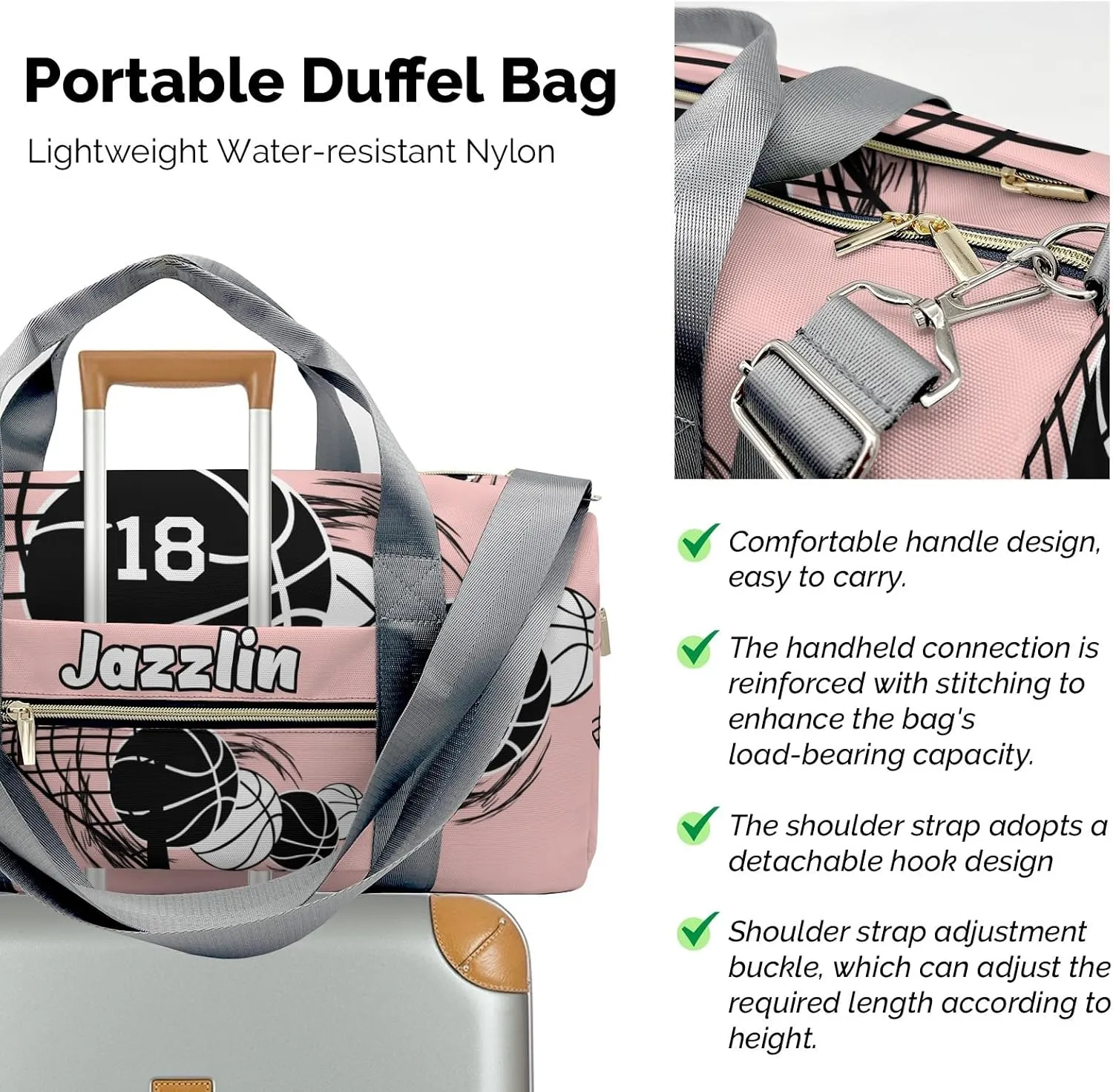 Personalized Gym Bag,Custom Name Basketball Peach Sport Duffel Bag Weekender Carry On Travel Duffel Bag