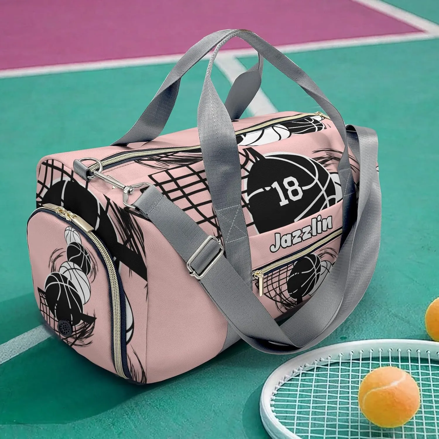 Personalized Gym Bag,Custom Name Basketball Peach Sport Duffel Bag Weekender Carry On Travel Duffel Bag