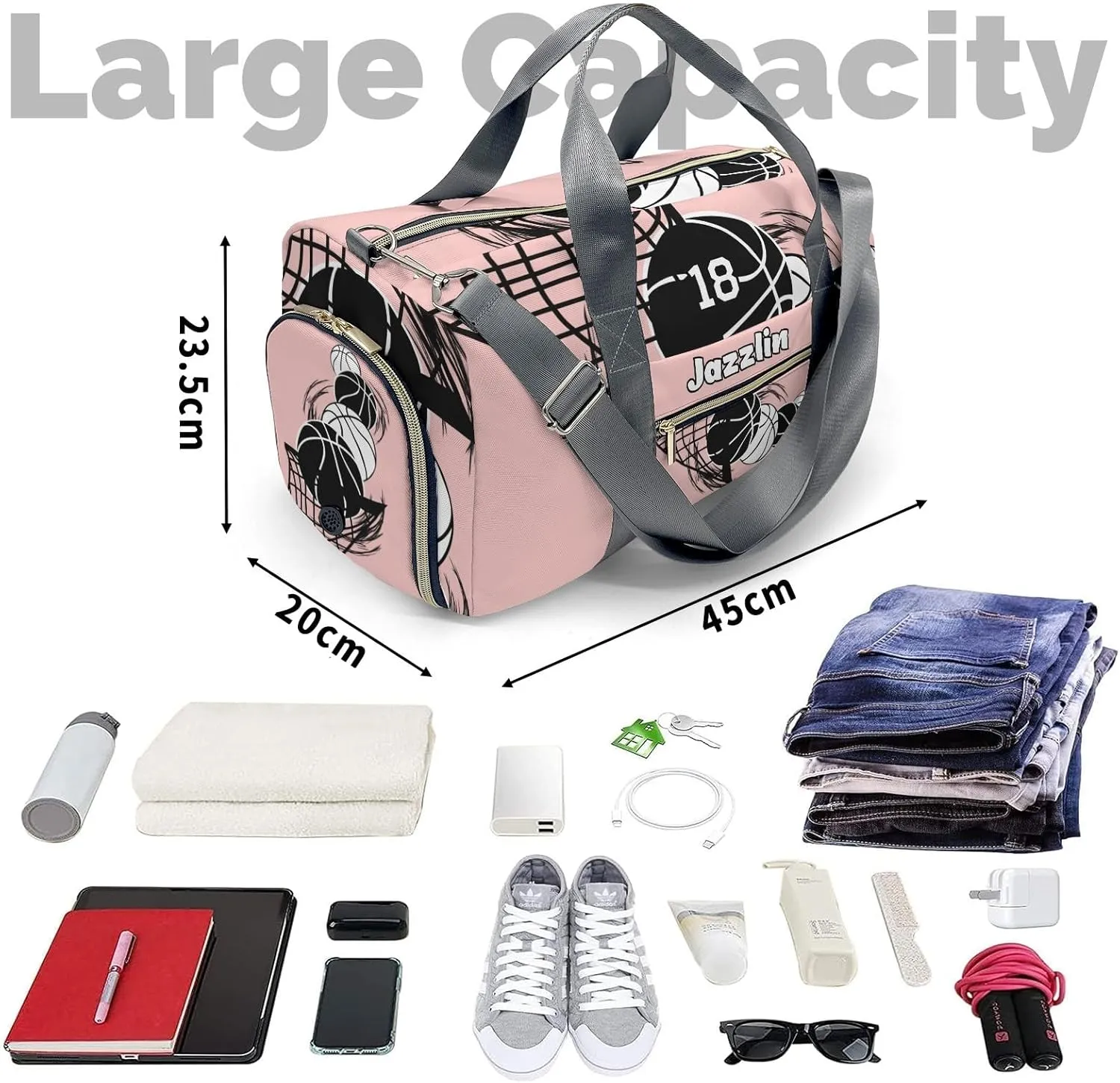 Personalized Gym Bag,Custom Name Basketball Peach Sport Duffel Bag Weekender Carry On Travel Duffel Bag