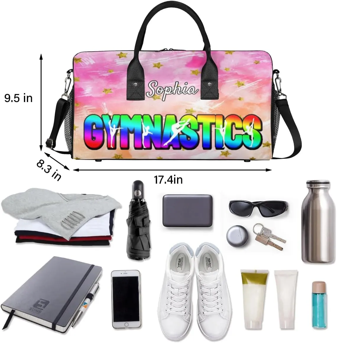 Personalized Gymnastic Bag for Women, Custom Name Sport Duffel Bag Gym Bag Travel Duffle Bag Overnight Weekender Bag, Glitter Stars
