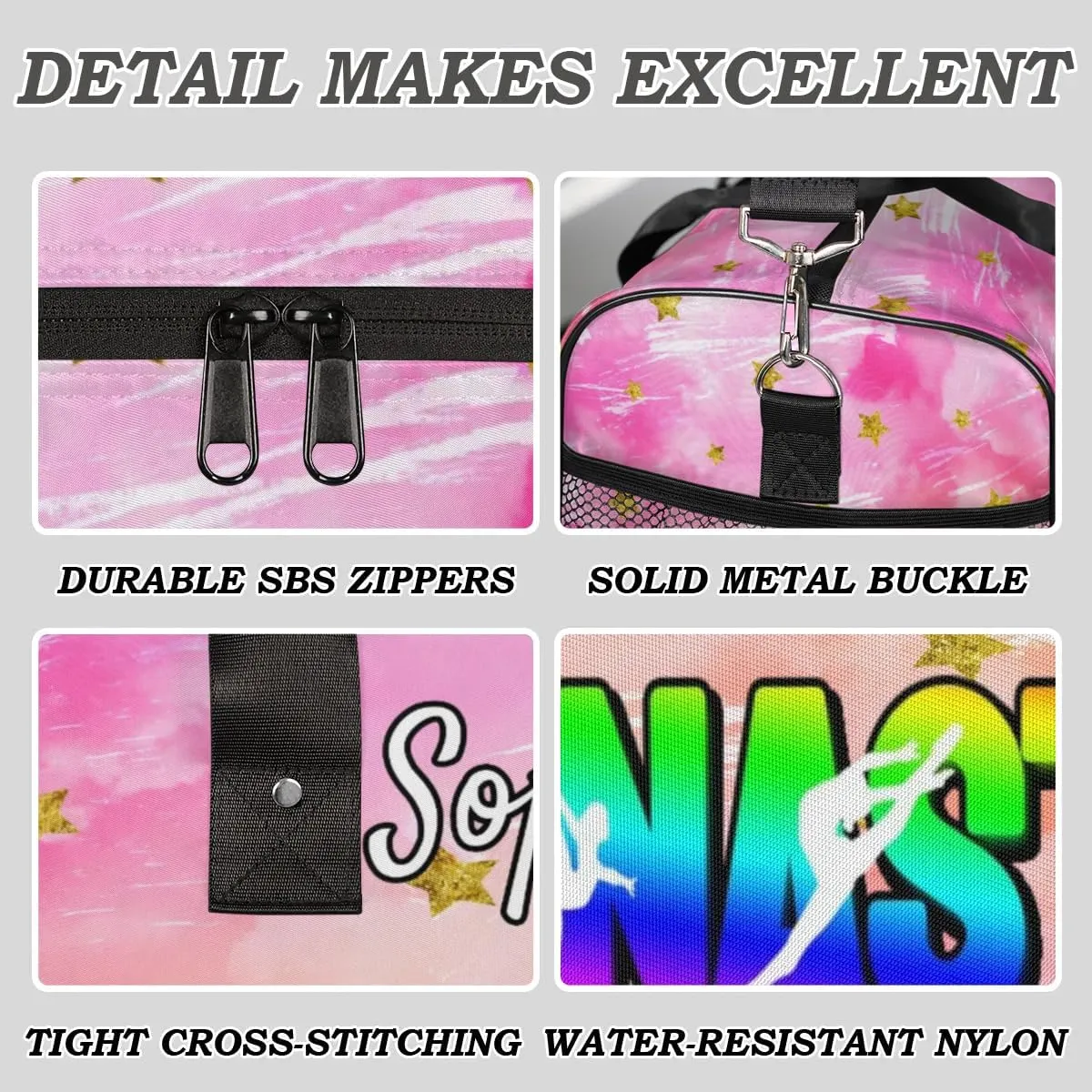 Personalized Gymnastic Bag for Women, Custom Name Sport Duffel Bag Gym Bag Travel Duffle Bag Overnight Weekender Bag, Glitter Stars