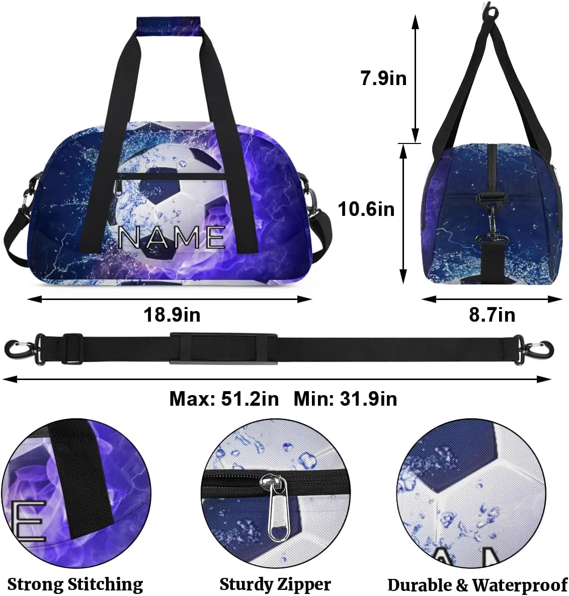 Personalized Kids Duffel Bag for Girls Boys Traveling Sport Soccer Ball Fire Small Sport Gym Bag Custom Overnight Weekender Tote Bag Carry on Teen Dance Bag for Gymnastic Ballet