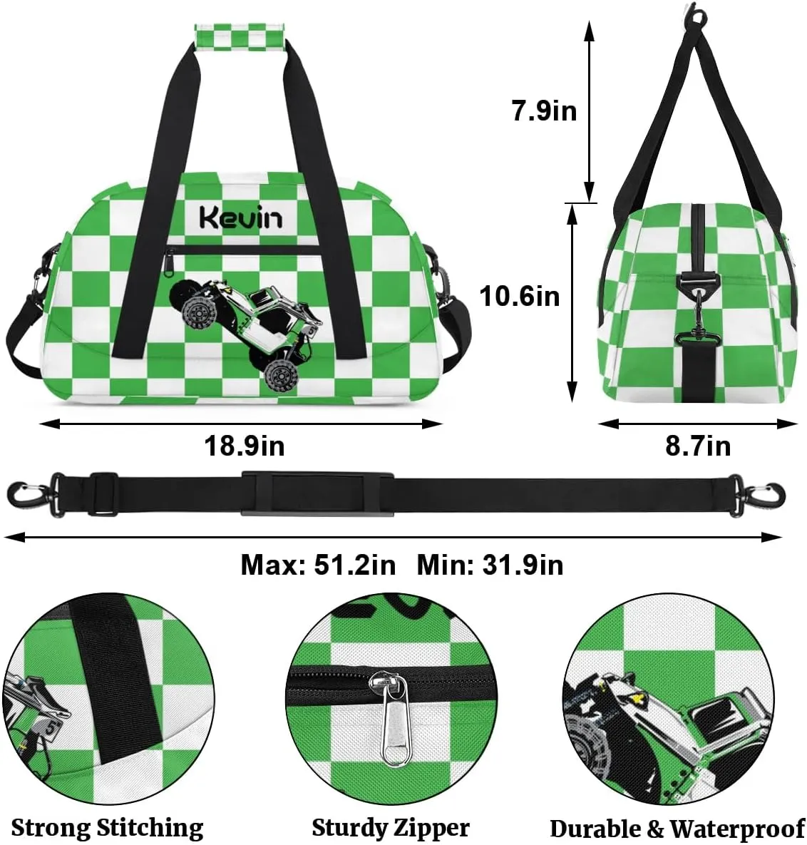 Personalized Kids Sport Duffel Bag with Name Custom Weekender Overnight Bag for Boys Girls Gym Bag Travel Practice Gymnastics Duffel Bag, Cool Green Car