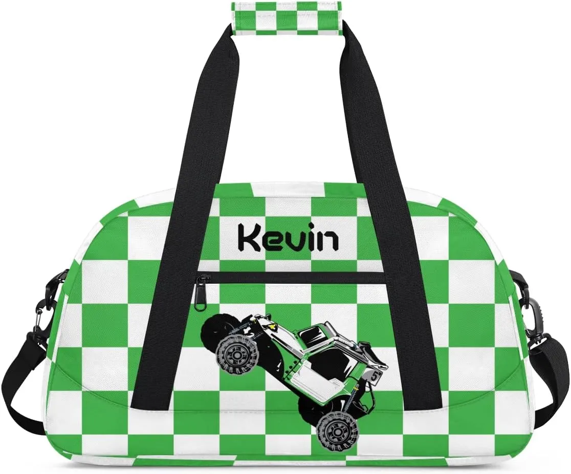 Personalized Kids Sport Duffel Bag with Name Custom Weekender Overnight Bag for Boys Girls Gym Bag Travel Practice Gymnastics Duffel Bag, Cool Green Car