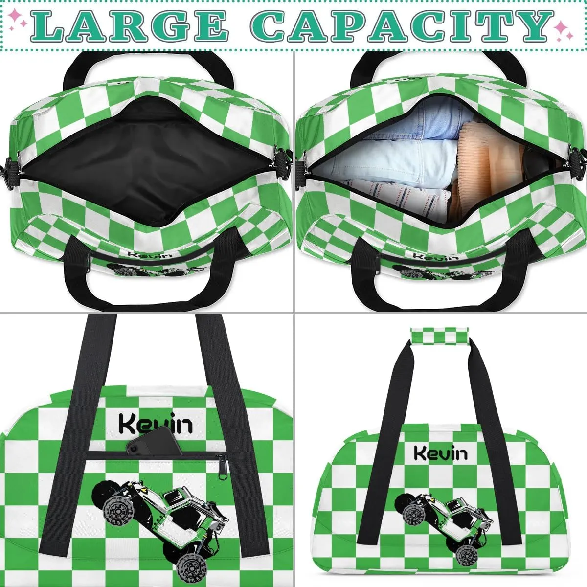 Personalized Kids Sport Duffel Bag with Name Custom Weekender Overnight Bag for Boys Girls Gym Bag Travel Practice Gymnastics Duffel Bag, Cool Green Car