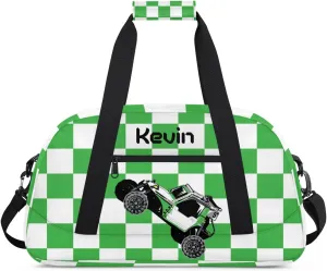 Personalized Kids Sport Duffel Bag with Name Custom Weekender Overnight Bag for Boys Girls Gym Bag Travel Practice Gymnastics Duffel Bag, Cool Green Car