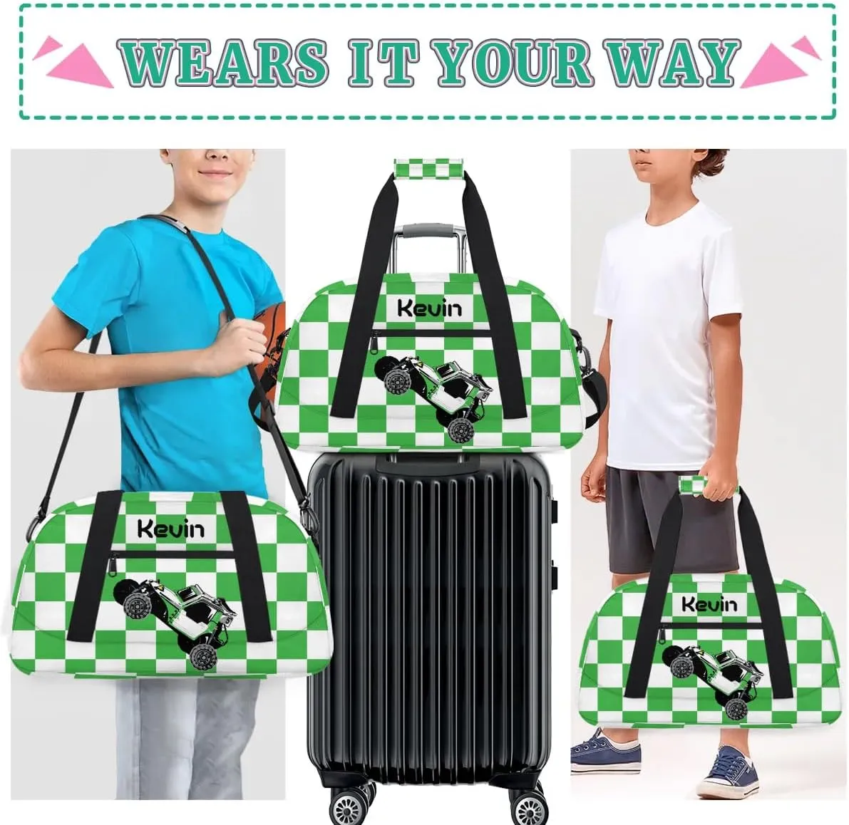 Personalized Kids Sport Duffel Bag with Name Custom Weekender Overnight Bag for Boys Girls Gym Bag Travel Practice Gymnastics Duffel Bag, Cool Green Car