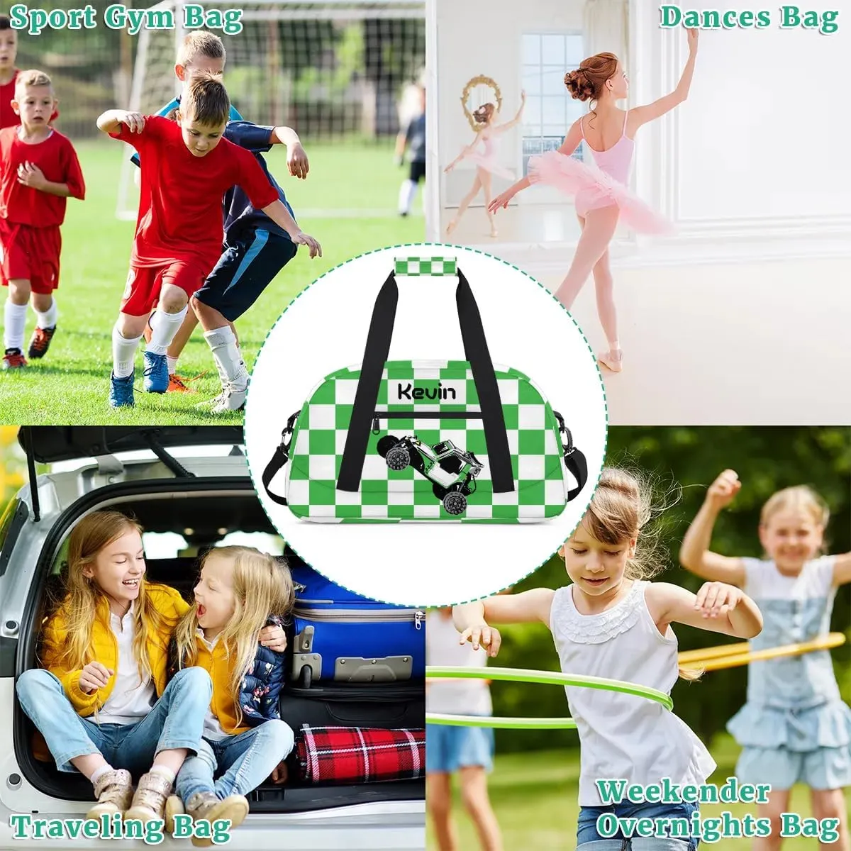 Personalized Kids Sport Duffel Bag with Name Custom Weekender Overnight Bag for Boys Girls Gym Bag Travel Practice Gymnastics Duffel Bag, Cool Green Car