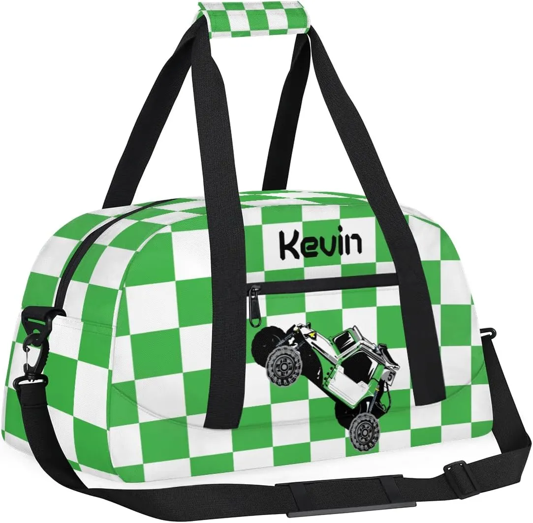 Personalized Kids Sport Duffel Bag with Name Custom Weekender Overnight Bag for Boys Girls Gym Bag Travel Practice Gymnastics Duffel Bag, Cool Green Car