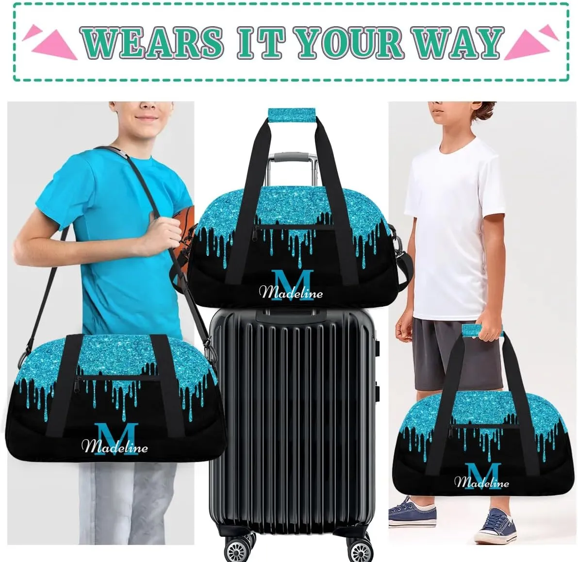 Personalized Kids Sports Duffel Bag with Name Custom Weekender Overnight Bag for Boys Girls Gym Bag Travel Dance Gymnastics Duffel Bag, Blue Shiny