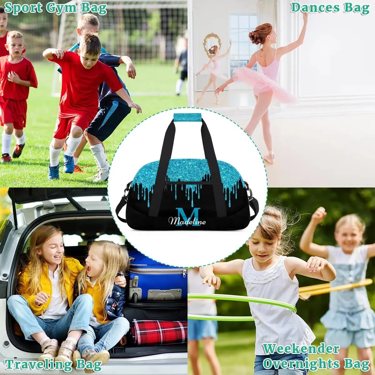 Personalized Kids Sports Duffel Bag with Name Custom Weekender Overnight Bag for Boys Girls Gym Bag Travel Dance Gymnastics Duffel Bag, Blue Shiny